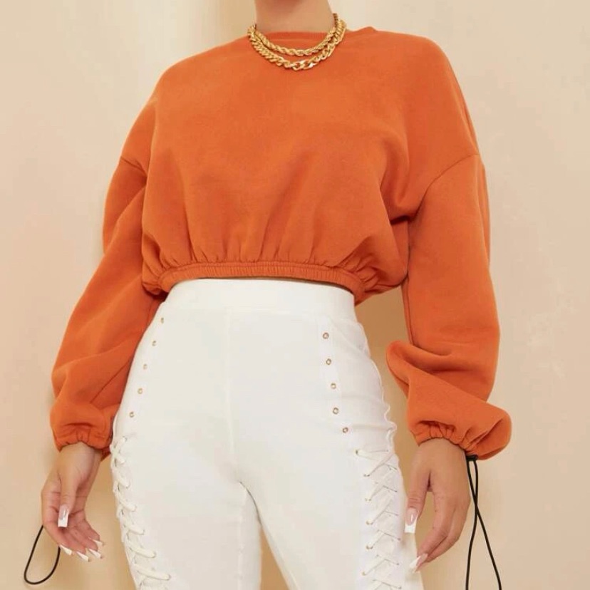 Nwt Orange Drawstring Cuff Solid Crop Pullover